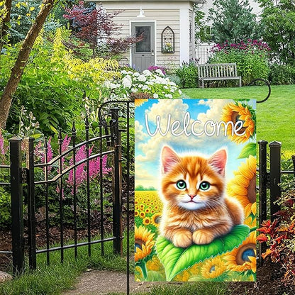BlissYard Spring Welcome Garden Flag 12x18 Inches Double Sided Cute Cat Yard Flags Sunflower Summer Seasonal Flower for Outside Decor Home Farmhouse Holiday Decorations