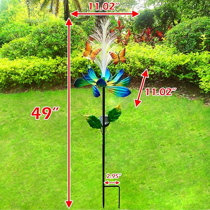 Solar Garden Wind Spinner, Blue Metal Lotus Flower with LED Lights, Butterfly Decorative Stake for Yard, Patio, Lawn