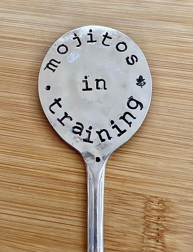 Herb Marker, Mint Funny Saying, Mojitos in Training, Hand Stamped on Silver Plate Gumbo Spoon, Garden Marker to Stick in Potted herb Plant