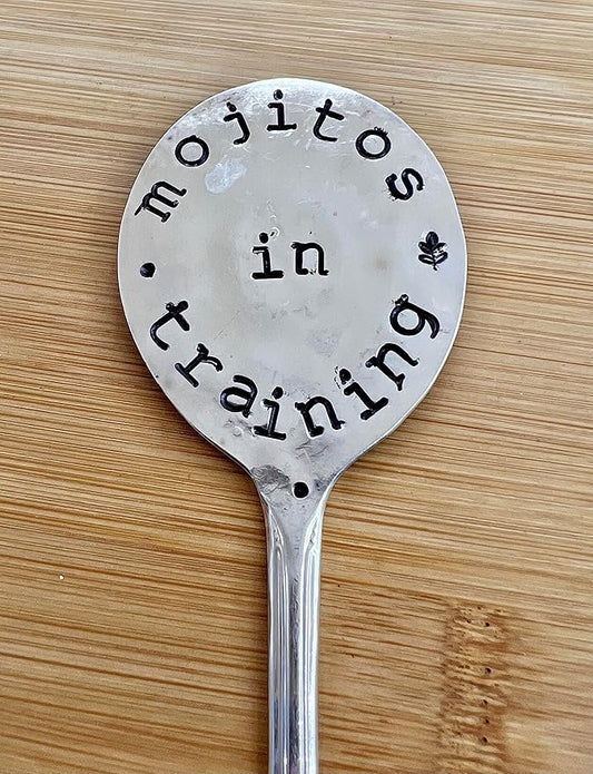 Herb Marker, Mint Funny Saying, Mojitos in Training, Hand Stamped on Silver Plate Gumbo Spoon, Garden Marker to Stick in Potted herb Plant
