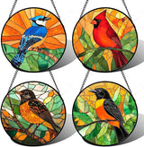 DASTOLL Stained Glass Window Hanging 4 Pcs Set Birds 7.8" - Cardinal Blue Jay Suncatcher Door Garden Sun Catcher Decor Birthday Christmas for Bird Lovers Mom Woman Nana Men
