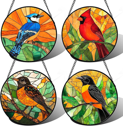 DASTOLL Stained Glass Window Hanging 4 Pcs Set Birds Large 11.8" - Cardinal Blue Jay Suncatcher Door Garden Sun Catcher Decor Birthday Christmas for Bird Lovers Mom Woman Nana Men