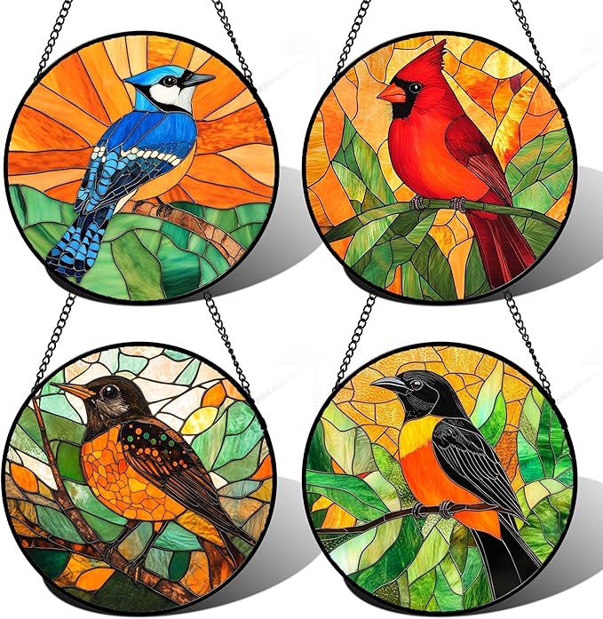 DASTOLL Stained Glass Window Hanging 4 Pcs Set Birds Large 15" - Cardinal Blue Jay Suncatcher Door Garden Sun Catcher Decor Birthday Christmas for Bird Lovers Mom Woman Nana Men