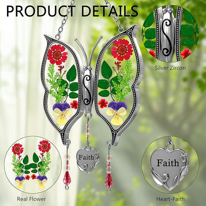 KY&BOSAM Butterfly Suncatcher Faith Stained Glass for Windows Hangings Wind Chimes Ornament with Pressed Flower Wings Embedded in Glass and Metal Charm for Mom Birthdays Christmas
