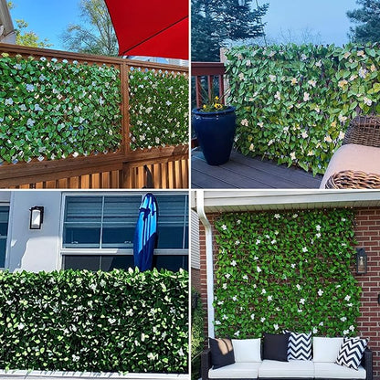 Expandable Faux Ivy Fence,Artificial Privacy Screen Decor for Outdoor Wall, Balcony and Patio, Single Sided Leaves (1,White Flower)