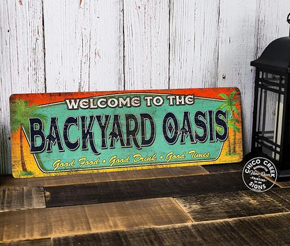 Chico Creek Signs Backyard Oasis Welcome Sign Barbecue Family Room Gift 8"x24" Premium Aluminum Tropical Style