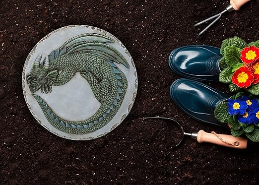 NAT & Jules Animal Character Dimensional Indoor Outdoor 12 inch Round Cast Resin Decorative Garden Stepping Stone, Patio, Walkway Sculpture Yard Art, Green Dragon