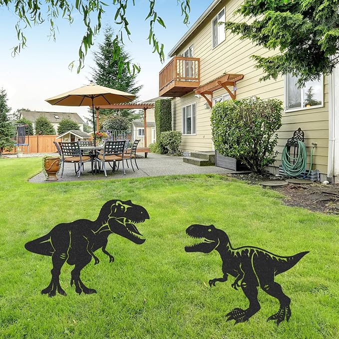 Rngmsi Dinosaur Metal Garden Art - 2PCS Metal Dinosaur Yard Art Decorations Outside Dinosaur Garden Stakes Decorative Dinos Garden Decor Outdoor for Patio Lawn Statues Gifts for Men Women Friends