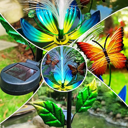 Solar Garden Wind Spinner, Blue Metal Lotus Flower with LED Lights, Butterfly Decorative Stake for Yard, Patio, Lawn