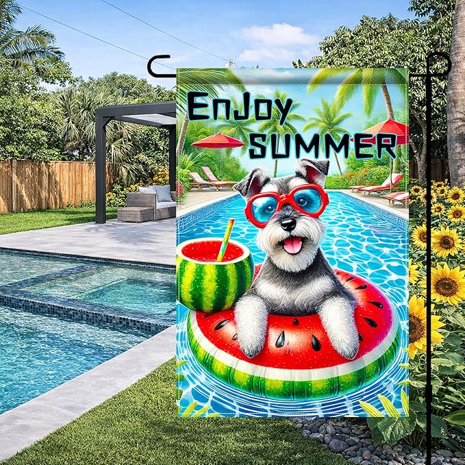HOMETITUTE Hello Summer Garden Flag Schnauzer Dog 12X18 Inch Print Double Sided Cute Puppy Decorative Yard Flag Banner Poolside Patio Decor Banner Outside Seasonal Holiday Outdoor Decoration