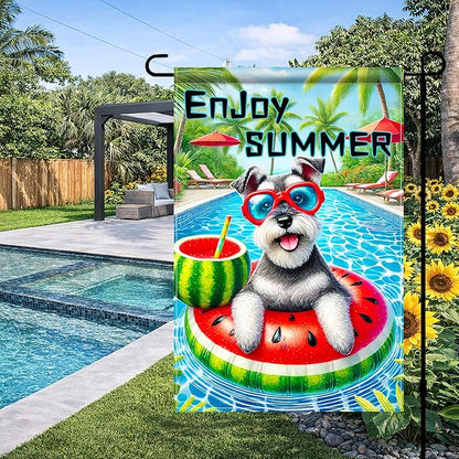 HOMETITUTE Hello Summer Garden Flag Schnauzer Dog 12X18 Inch Print Double Sided Cute Puppy Decorative Yard Flag Banner Poolside Patio Decor Banner Outside Seasonal Holiday Outdoor Decoration