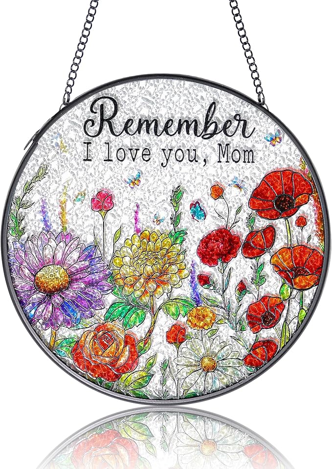 Gifts for Mom - Stained Glass Window Hanging Sun Catchers Indoor 6.3 Inch Colorful Wildflowers Mama Birthday Gift, Flower Suncatcher for Window Home Door Wall Garden Outdoor Decor for Mothers