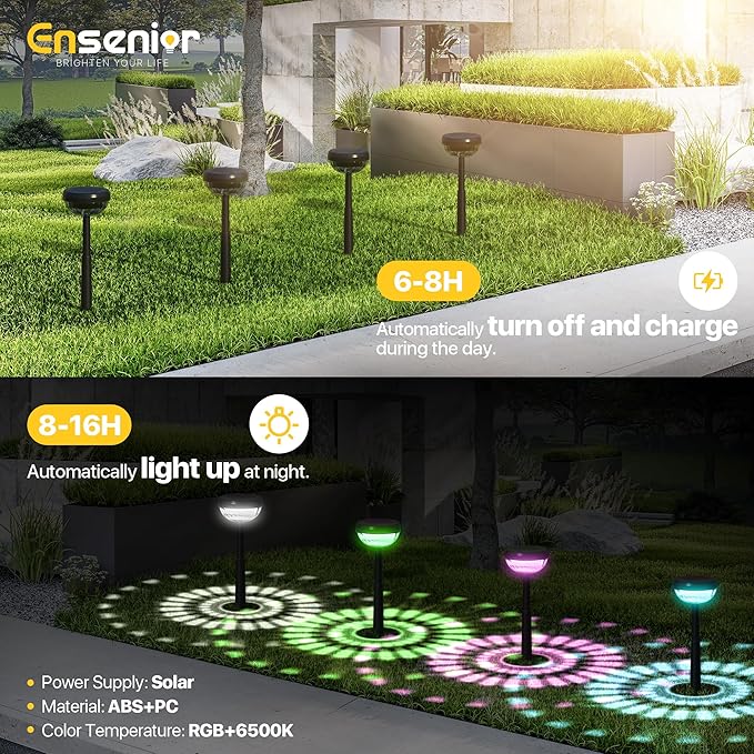 Ensenior Solar Pathway Lights IP65 Waterproof, RGB Color Changing & 6500K Cool White, 8-16Hr Runtime, Flower Pattern Garden Lights for Walkway Porch Yard - 8 Pack