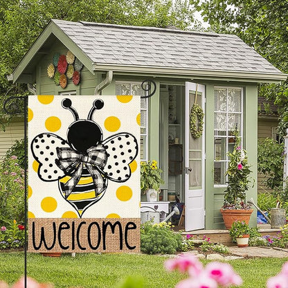 AVOIN colorlife Summer Polka Dot Bee Welcome Garden Flag 12x18 Inch Double Sided Outside, Seasonal Holiday Burlap Yard Outdoor Decoration