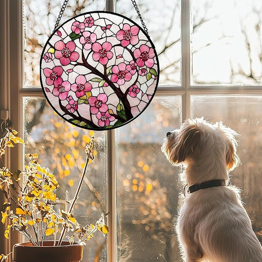 Stained Glass Window Hanging - Cherry Blossoms Birth Flower Suncatcher for Door Garden Patio Sun Catchers Decor Christmas Mother's Day Birthday Gifts for Women Mom Nana Friend Wife 15 in