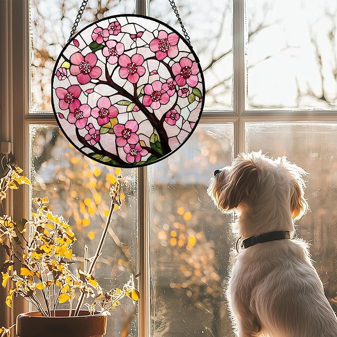 Stained Glass Window Hanging - Cherry Blossoms Birth Flower Suncatcher for Door Garden Patio Sun Catchers Decor Christmas Mother's Day Birthday Gifts for Women Mom Nana Friend Wife 7.8 in
