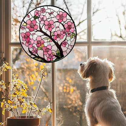 Stained Glass Window Hanging - Cherry Blossoms Birth Flower Suncatcher for Door Garden Patio Sun Catchers Decor Christmas Mother's Day Birthday Gifts for Women Mom Nana Friend Wife 7.8 in