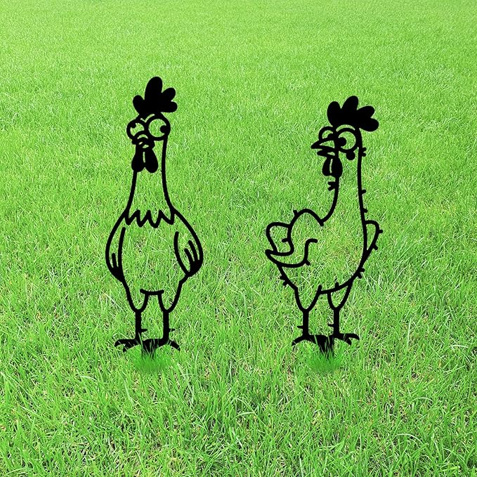 GLOBLELAND 2pcs Cute Cartoon Chicken Mental Garden Stakes Black Silhouette Chickens Decorative Yard Stakes Trees Metal Outdoor Art Decor for Yard Patio Lawn Walkway Ornament