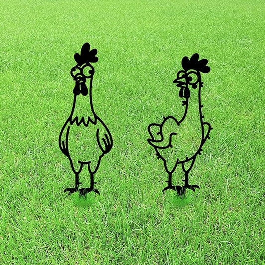 GLOBLELAND 2pcs Cute Cartoon Chicken Mental Garden Stakes Black Silhouette Chickens Decorative Yard Stakes Trees Metal Outdoor Art Decor for Yard Patio Lawn Walkway Ornament