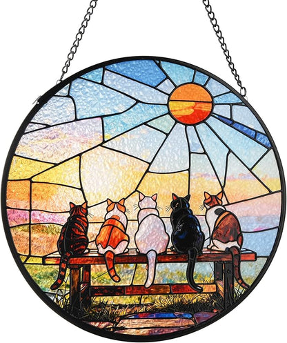 Stained Glass Window Hanging, Cat and Sunset Circular Painted Glass Suncatcher with Chain & Suction Cup for Home Garden Door Decor, Birthday for Women Men Mom 7.8 in