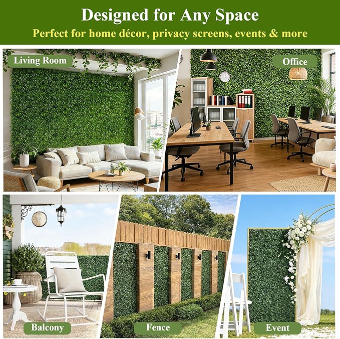 28Pcs Artificial Grass Wall Panels 10" x 10" Faux Boxwood Green Wall UV Resistant Privacy Screen 19.44 Sq Ft with Full Installation Kit for Indoor Outdoor Garden Fence Party Decor