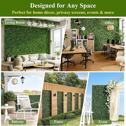 28Pcs Artificial Grass Wall Panels 10" x 10" Faux Boxwood Green Wall UV Resistant Privacy Screen 19.44 Sq Ft with Full Installation Kit for Indoor Outdoor Garden Fence Party Decor
