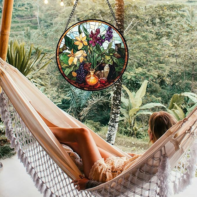 Stained Glass Window Hanging Berry Plant Purple Yellow Flowers in Vase Large 15" - Suncatcher Door Garden Sun Catcher Home Decor Birthday Christmas for Mom Men Woman Nana