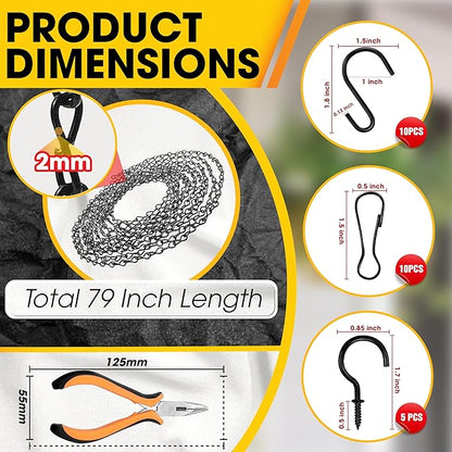 [Upgraded] 79” Black Electroplated Steel Hanging Chain with S-Hooks, Snap Hooks, Ceiling Hooks & Pliers, 33LBS Load Capacity, Adjustable Length for Hanging Bird Feeders, Planters, Lanterns, Billboards