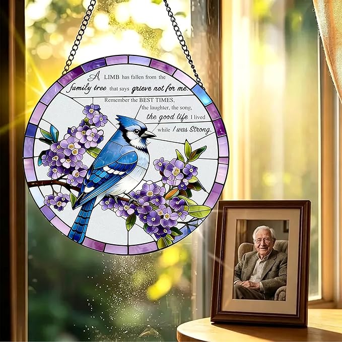Stained Glass Window Hanging 7.8 in Memorial Ornaments with Poem Sympathy Gifts for Loss of Loved One Sun Catchers Indoor Window Bird Ornaments Suncatcher Decor