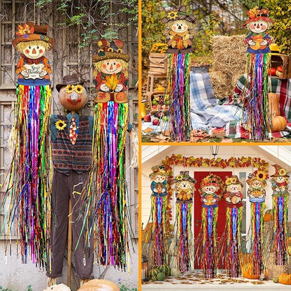 DoubleFill 8 Pcs Thanksgiving Scarecrow Outdoor Hanging Decorations with Tassels Fall Scarecrow Decor Autumn Harvest Yard Signs for Farmhouse Festival 3.3 ft Home Lawn Yard Party Supplies Garden Decor