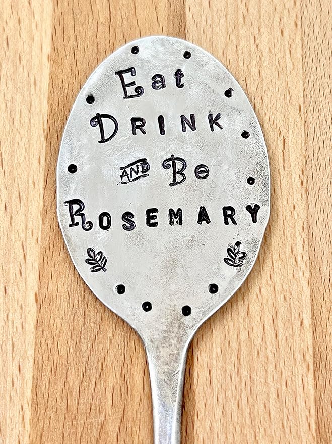 Funny Herb Marker, Eat Drink and Be Rosemary, Vintage Silver plate Spoon hand stamped one letter at a time, Great gift for a gardener