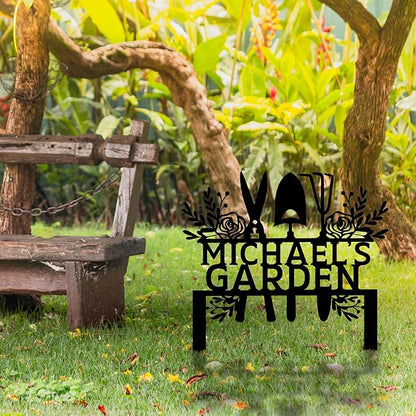 Custom Metal Garden Tools Sign with Stakes, Personalized Garden Name Sign, Yard Art, Patio Decorations, New Home Gift, Garden Decorative, Gardening Tools Sign for Outdoor, Large Housewarming Gift