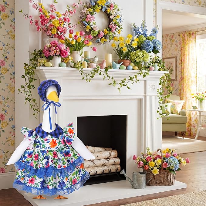 Abbylike 1 Set Spring Porch Goose Outfits Flower Lolita Dress Hat Floral Goose Clothes Costume Fits Large 23'' Cement for Spring Summer Outdoor Garden Yard Patio Lawn Statue Pathway Art Decorations