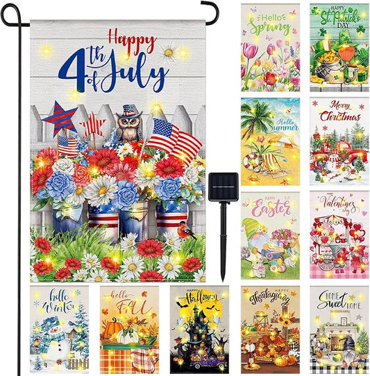 Breling Seasonal Garden Flags Set of 12 Double Sided 12 x 18 Inch Yard Flags with Solar Lights, Holiday Decorations for Outside, 4th of July, Spring, Summer