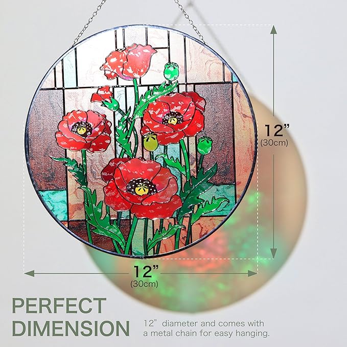 Hanway Suncatcher in Colorful Stained Glass 12" Dia - Genuine Brightly Colored Glass, Protective Metal Edge, Ready to Use Hanging Chain, for Window, Garden (Poppy Flower)