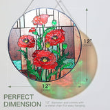Hanway Suncatcher in Colorful Stained Glass 12" Dia - Genuine Brightly Colored Glass, Protective Metal Edge, Ready to Use Hanging Chain, for Window, Garden (Poppy Flower)