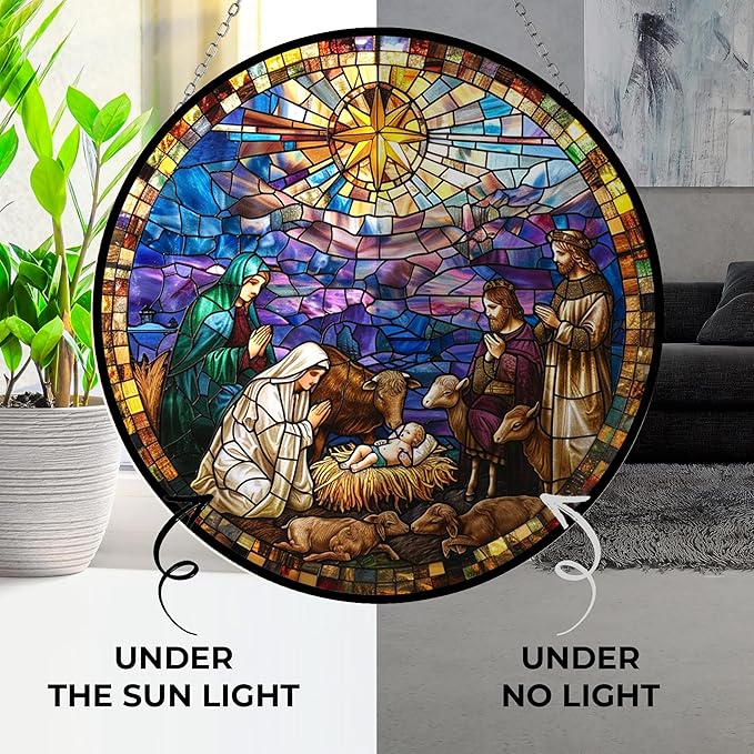 Stained Glass Window Hanging, Jesus and Lamp Nativity Suncatcher Diamond Glass Panel Landscape Sun Catchers Decor for Birthday for Women, Men, Wife, Aunt, and Mom 7.8 in