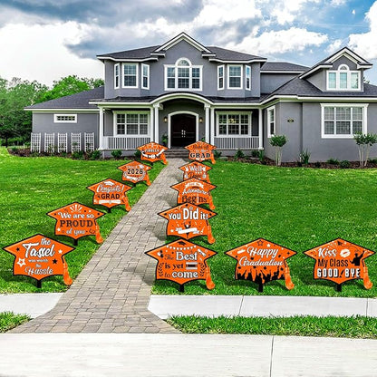 Chunful 12 Pack Graduation Yard Signs Grad Decoration 2026 Happy Graduate Lawn Garden Sign with Stake Congrats Outdoor Plastic Cap Hanging Ornament for Class Pathway Walkway Porch Party(Orange)