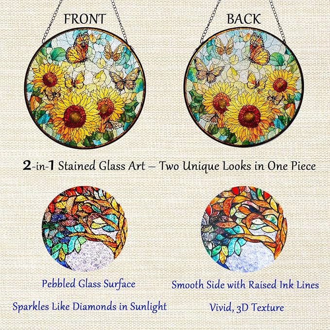 Double Sided Stained Glass Window Hanging, 7.9" Sun Catcher Panel, Green Plant Wall Art for Home & Garden, Unique Gift for Women & Men (Sunflowers&Butterflies, 7.9 Inch)