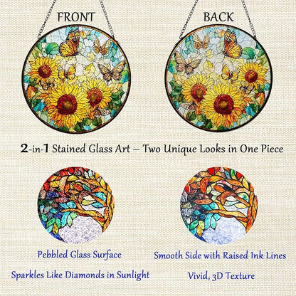 Double Sided Stained Glass Window Hanging, 7.9" Sun Catcher Panel, Green Plant Wall Art for Home & Garden, Unique Gift for Women & Men (Sunflowers&Butterflies, 7.9 Inch)