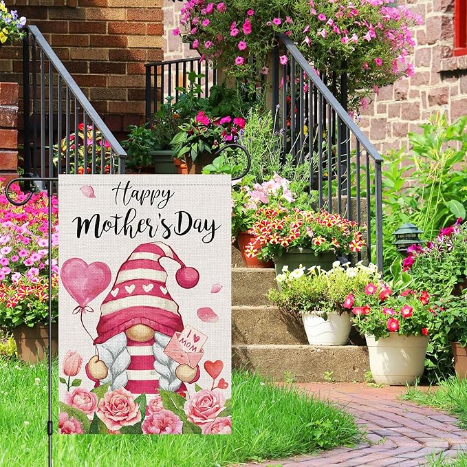 Heyfibro Happy Mother's Day Gnome Garden Flag 12x18 Double Sided Burlap, I Love Mom Flower Rose Love Heart Yard Banner for Spring Outside Outdoor House Mothers Day Decoration (ONLY FLAG)