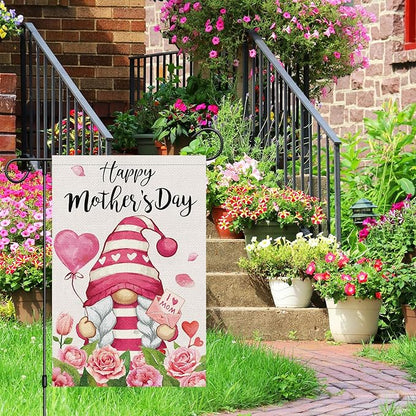 Heyfibro Happy Mother's Day Gnome Garden Flag 12x18 Double Sided Burlap, I Love Mom Flower Rose Love Heart Yard Banner for Spring Outside Outdoor House Mothers Day Decoration (ONLY FLAG)