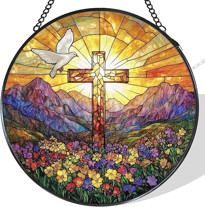 Cross Wildflowers Stained Glass Window Hanging Suncatcher, Christian Dove Sunset Sun Catcher Indoor Window Decor Gifts, Religious Painted Glass Round Wall Hanging Decorations 7.8x7.8 in