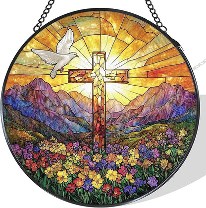Cross Wildflowers Stained Glass Window Hanging Suncatcher, Christian Dove Sunset Sun Catcher Indoor Window Decor Gifts, Religious Painted Glass Round Wall Hanging Decorations 7.8x7.8 in