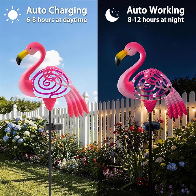 Flamingo Garden Solar Lights Outdoor Decor, Metal Pink Flamingo Yard Decoration with Waterproof Garden Stake Lights for Pathway Patio Porch Lawn Ornament, Flamingo Gifts for Women Mom Grandma