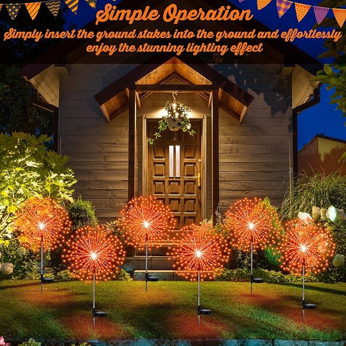 Tujoe 6 Pcs Halloween Solar Firework Stake Lights 180 LED 8 Modes Solar Waterproof LED Sparkler Lights Outdoor Decoration for Summer Fall Xmas Holiday Garden Patio Yard Pathway Walkway, Orange