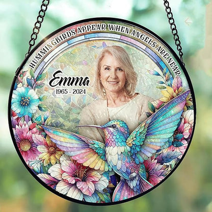 Personalized Memorial Gifts for Loss of Mom,Remembrance Gift, Hummingbirds Appear When Angels are Near - Custom Photo Window Stained Glass, Loss of Loved One, Custom Text on Glass Hanging Window