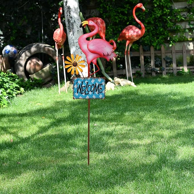 Metal Flamingo Garden Stakes Welcome Yard Sign Decorative Pink Flamingos Ornament Indoor Outdoor Party Stake Lawn Art Patio Backyard Flower Bed Decor (Blue, L)