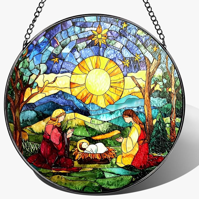 8'' Stained Glass Suncatcher Decor, Window Hanging, Nativity Scene Ornament, Religious Christmas Ornaments, Christian Holiday Decor, Gifts for Christmas, Christian Gift, Religious Gift