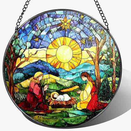 8'' Stained Glass Suncatcher Decor, Window Hanging, Nativity Scene Ornament, Religious Christmas Ornaments, Christian Holiday Decor, Gifts for Christmas, Christian Gift, Religious Gift